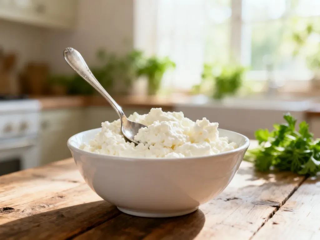 Miska świeżego, kremowego twarogu ze srebrną łyżką na drewnianym stole, podkreślająca naturalny i zdrowy charakter produktu.