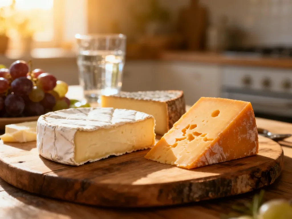 Różne rodzaje serów, w tym brie i cheddar, ułożone na drewnianej desce w słonecznej kuchni.