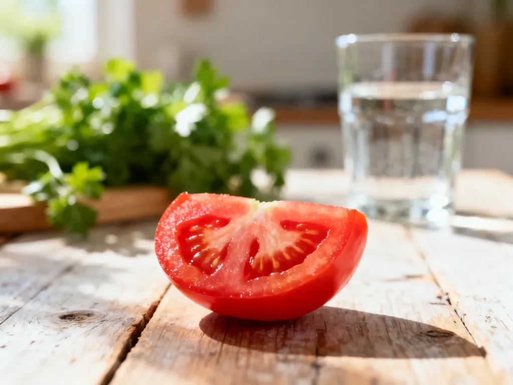Świeży, pokrojony pomidor na drewnianym stole, podkreślający zdrowy i naturalny charakter produktu.