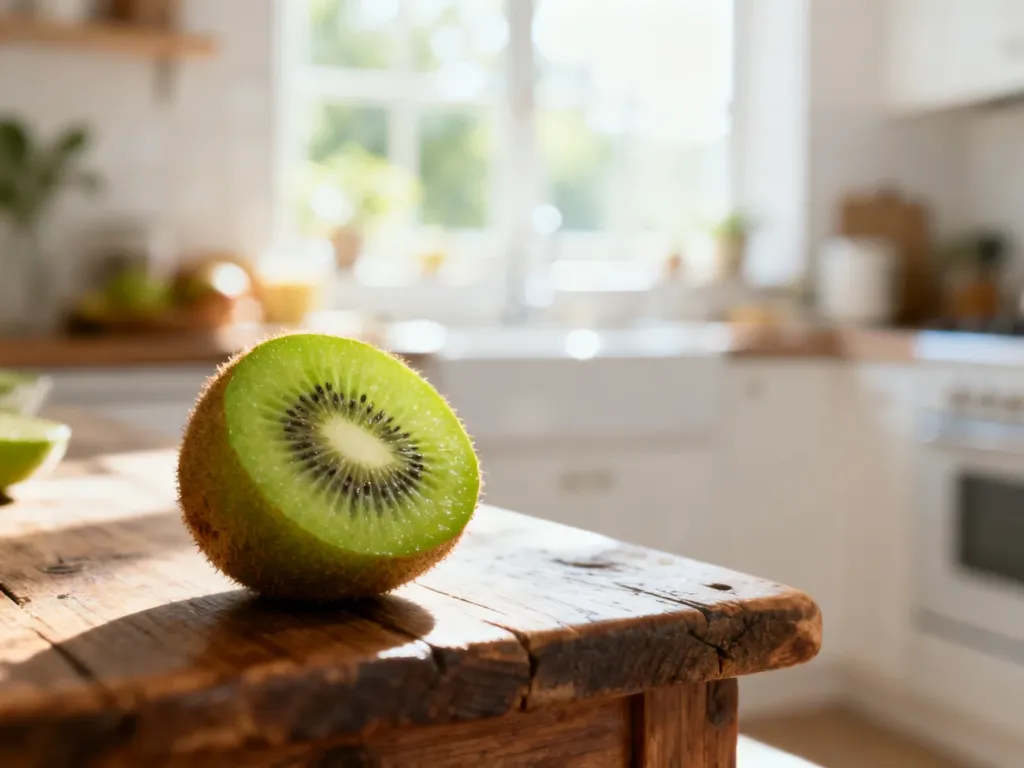 Świeży, przekrojony owoc kiwi na drewnianym stole w słonecznej kuchni, podkreślający jego naturalne właściwości.